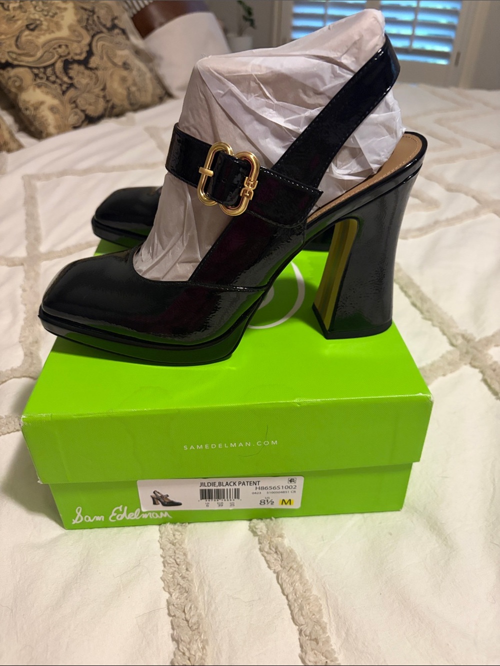 Sam Edelman Black Patent Mary Jane Slingback Heels with Gold Buckle
